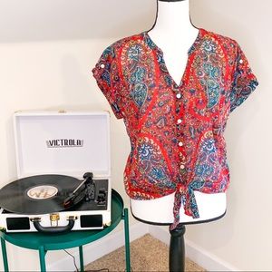 Lucky Brand Red Floral Short Sleeve Front Tie Top